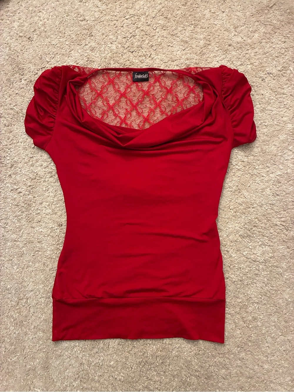 Frederick’s of Hollywood Red Lace Cowl Neck Ruched Top Y2K